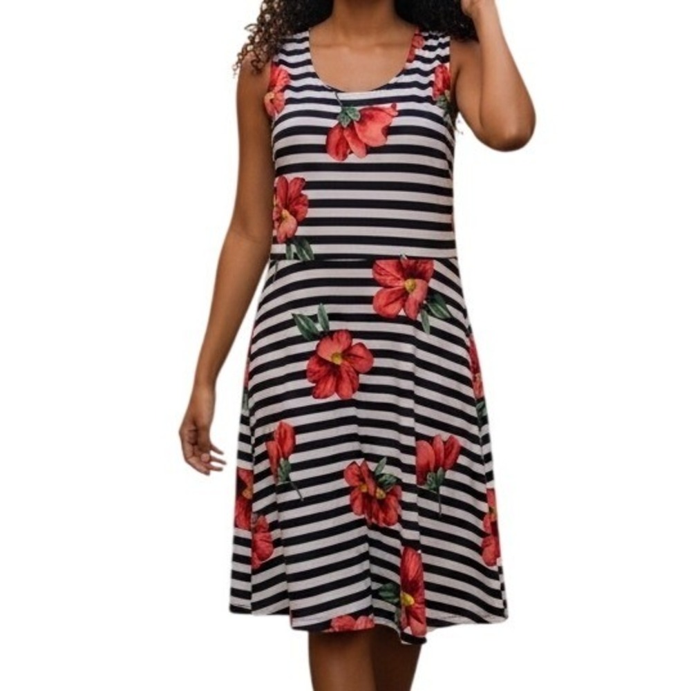 GILLI USA Black White Striped Red Floral Sleeveless Fit & Flare Dress EUC‎ Large